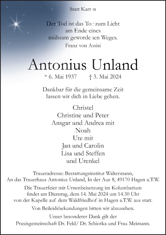 Traueranzeige von Antonius Unland von Neue Osnabrücker Zeitung GmbH & Co. KG