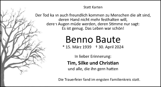 Traueranzeige von Benno Baute von Neue Osnabrücker Zeitung GmbH & Co. KG