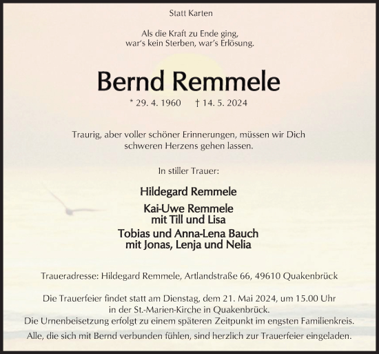 Traueranzeige von Bernd Remmele von Neue Osnabrücker Zeitung GmbH & Co. KG
