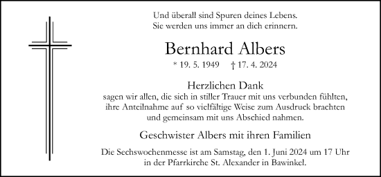 Traueranzeige von Bernhard Albers von Neue Osnabrücker Zeitung GmbH & Co. KG