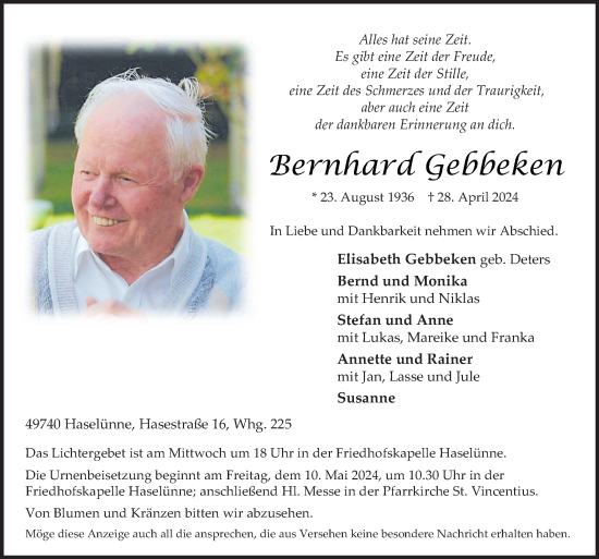Traueranzeige von Bernhard Gebbeken von Neue Osnabrücker Zeitung GmbH & Co. KG