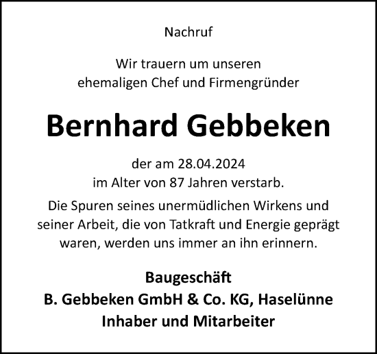 Traueranzeige von Bernhard Gebbeken von Neue Osnabrücker Zeitung GmbH & Co. KG