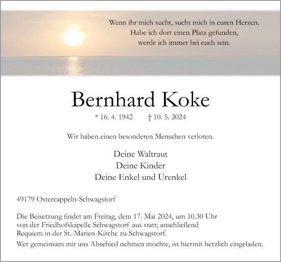 Traueranzeige von Bernhard Koke von Neue Osnabrücker Zeitung GmbH & Co. KG