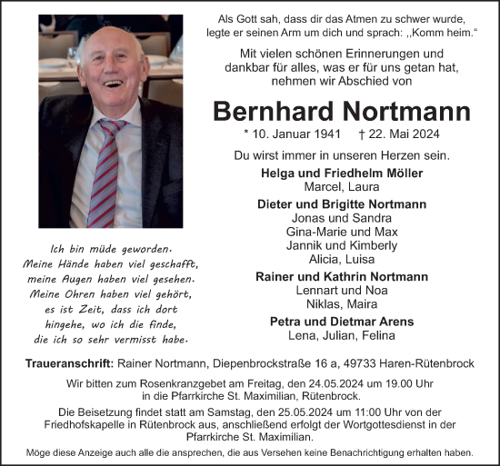Traueranzeige von Bernhard Nortmann von Neue Osnabrücker Zeitung GmbH & Co. KG