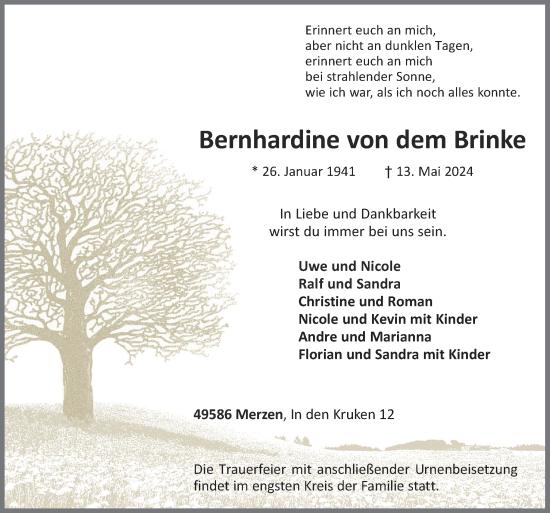 Traueranzeige von Bernhardine von dem Brinke von Neue Osnabrücker Zeitung GmbH & Co. KG