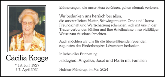 Traueranzeige von Cäcilia Kogge von Neue Osnabrücker Zeitung GmbH & Co. KG