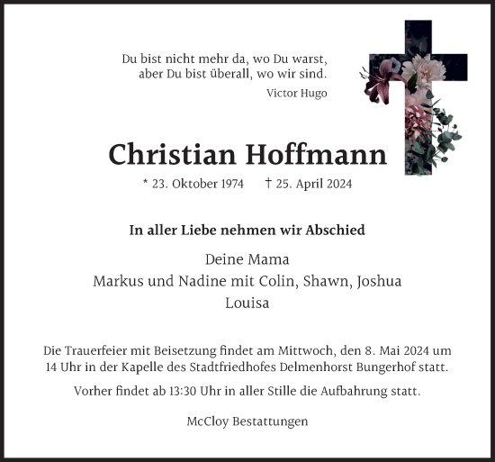 Traueranzeige von Christian Hoffmann von DK Medien GmbH & Co. KG