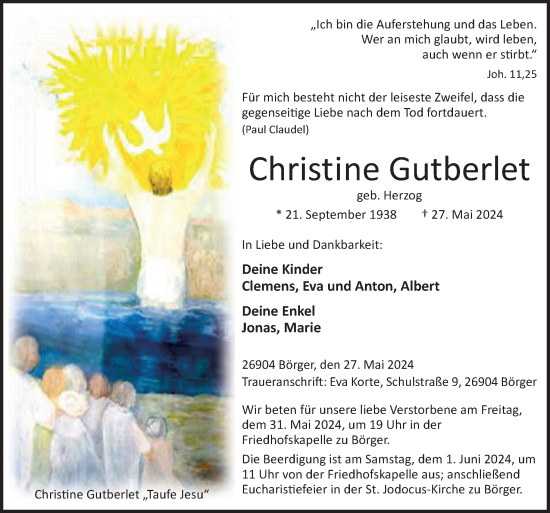 Traueranzeige von Christine Gutberlet von Neue Osnabrücker Zeitung GmbH & Co. KG