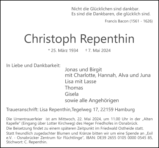 Traueranzeige von Christoph Repenthin von Neue Osnabrücker Zeitung GmbH & Co. KG
