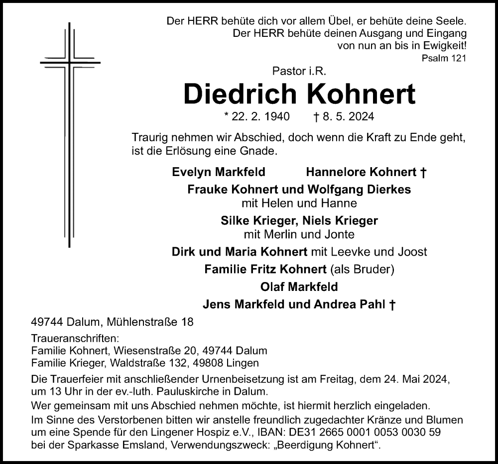  Traueranzeige für Diedrich Kohnert vom 18.05.2024 aus Neue Osnabrücker Zeitung GmbH & Co. KG