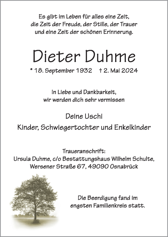 Traueranzeige von Dieter Duhme von Neue Osnabrücker Zeitung GmbH & Co. KG