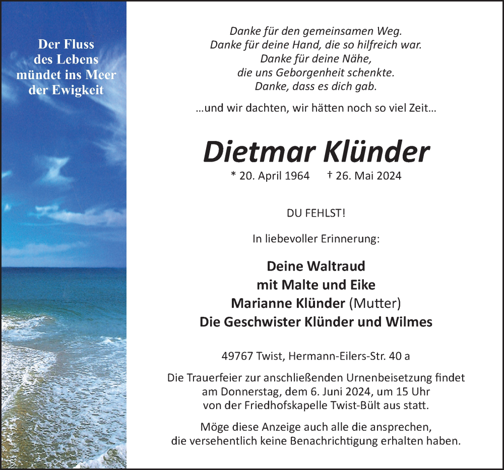 Traueranzeige für Dietmar Klünder vom 28.05.2024 aus Neue Osnabrücker Zeitung GmbH & Co. KG