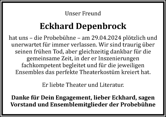 Traueranzeige von Eckhard Depenbrock von Neue Osnabrücker Zeitung GmbH & Co. KG