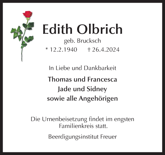 Traueranzeige von Edith Olbrich von DK Medien GmbH & Co. KG