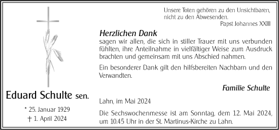 Traueranzeige von Eduard Schulte von Neue Osnabrücker Zeitung GmbH & Co. KG