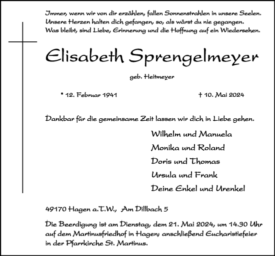 Traueranzeige von Elisabeth Sprengelmeyer von Neue Osnabrücker Zeitung GmbH & Co. KG