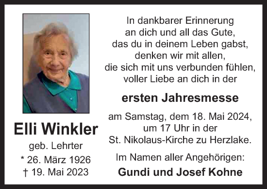 Traueranzeige von Elli Winkler von Neue Osnabrücker Zeitung GmbH & Co. KG