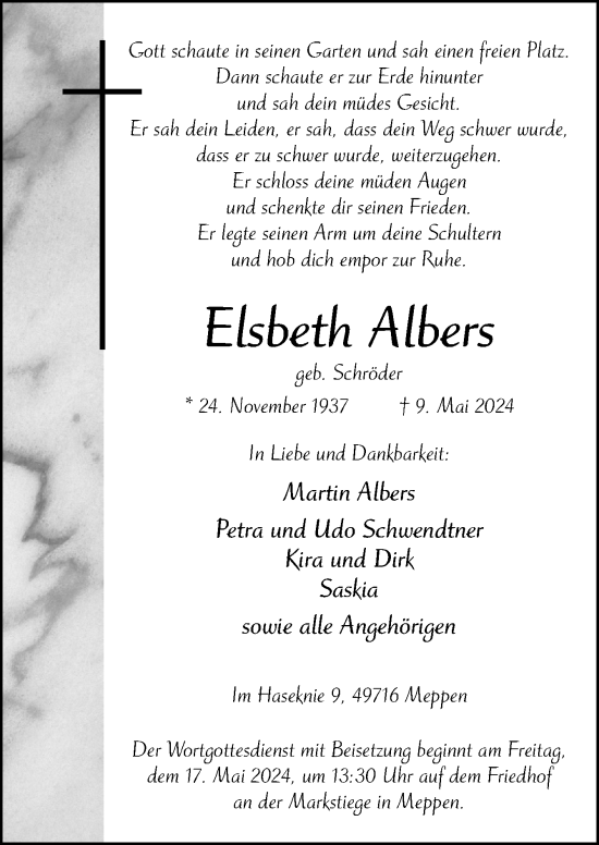 Traueranzeige von Elsbeth Albers von Neue Osnabrücker Zeitung GmbH & Co. KG