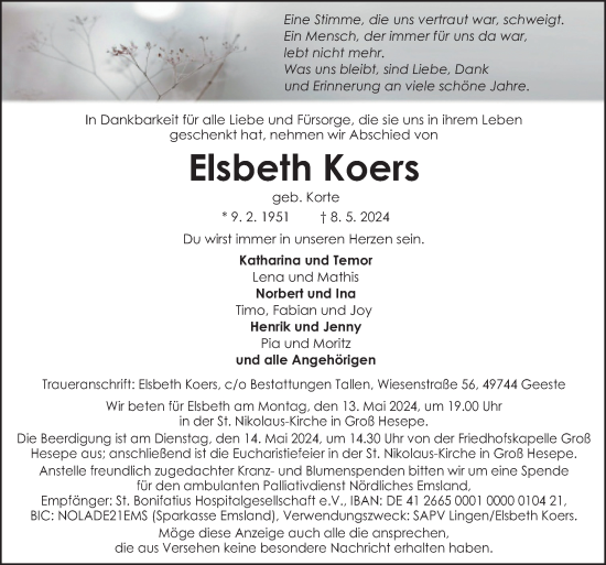 Traueranzeige von Elsbeth Koers von Neue Osnabrücker Zeitung GmbH & Co. KG