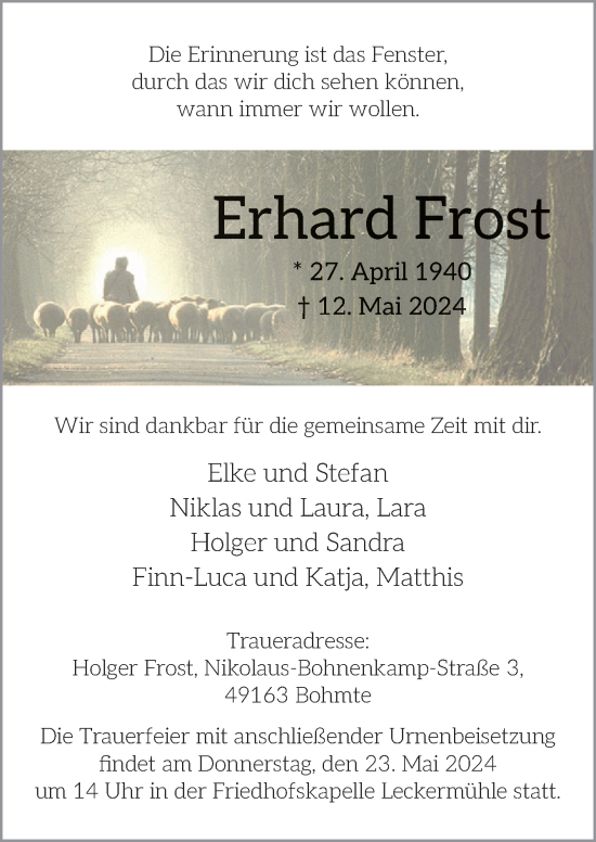 Traueranzeige von Erhard Frost von Neue Osnabrücker Zeitung GmbH & Co. KG