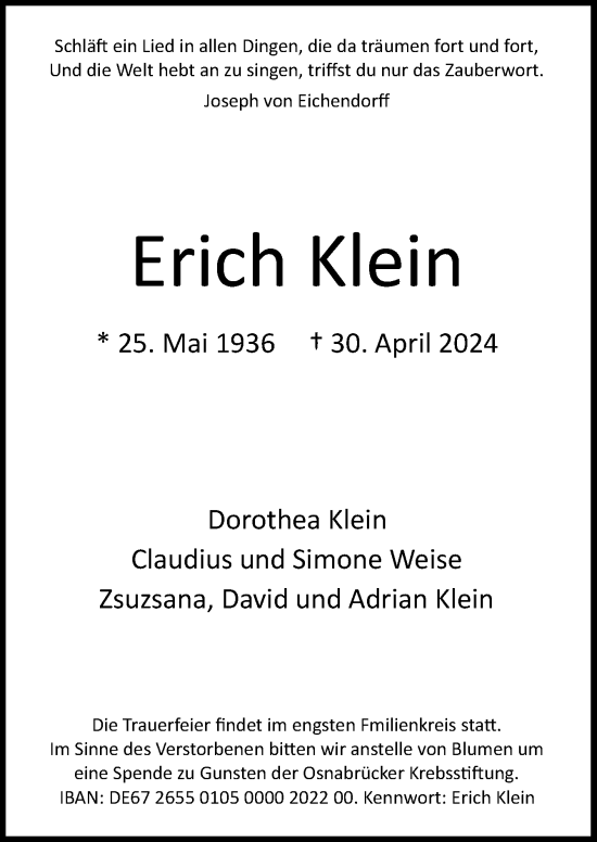 Traueranzeige von Erich Klein von Neue Osnabrücker Zeitung GmbH & Co. KG