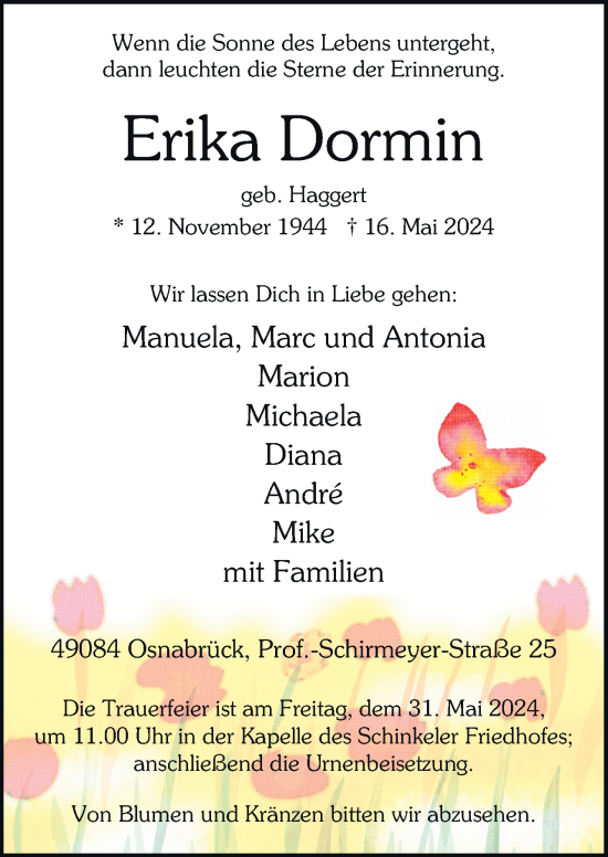 Traueranzeige von Erika Dormin von Neue Osnabrücker Zeitung GmbH & Co. KG