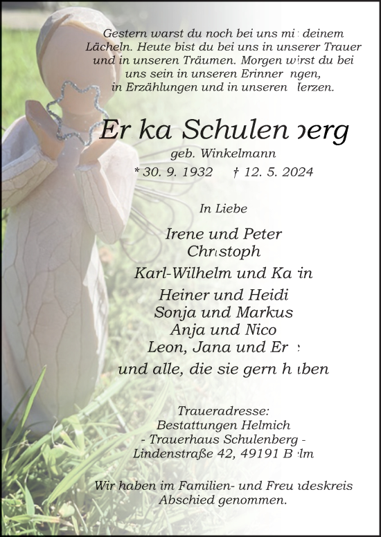 Traueranzeige von Erika Schulenberg von Neue Osnabrücker Zeitung GmbH & Co. KG