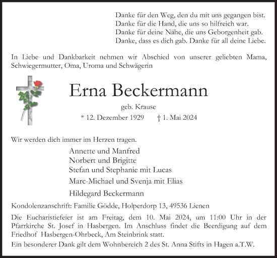 Traueranzeige von Erna Beckermann von Neue Osnabrücker Zeitung GmbH & Co. KG