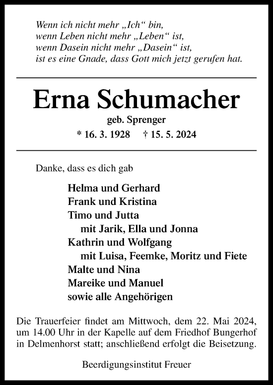 Traueranzeige von Erna Schumacher von DK Medien GmbH & Co. KG