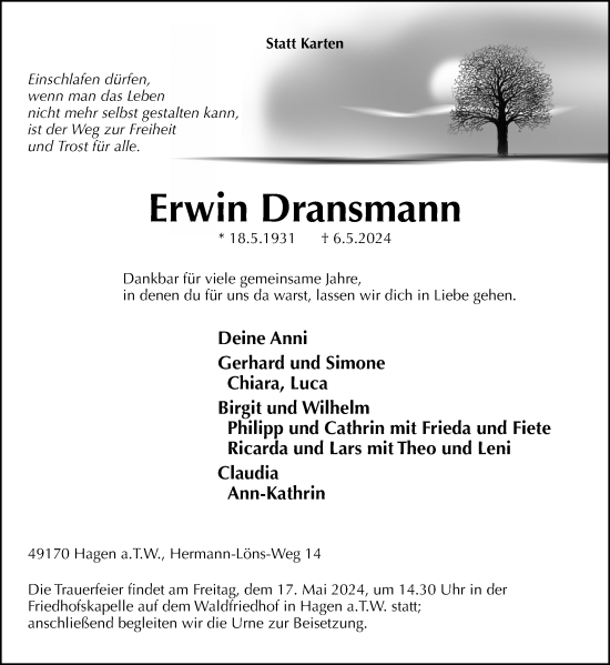 Traueranzeige von Erwin Dransmann von Neue Osnabrücker Zeitung GmbH & Co. KG