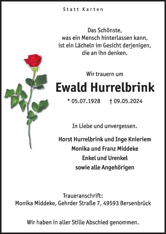 Traueranzeige von Ewald Hurrelbrink von Neue Osnabrücker Zeitung GmbH & Co. KG