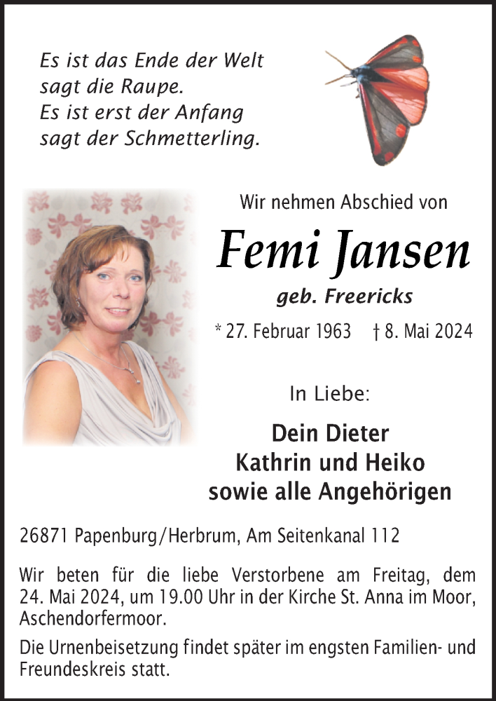  Traueranzeige für Femi Jansen vom 18.05.2024 aus Neue Osnabrücker Zeitung GmbH & Co. KG