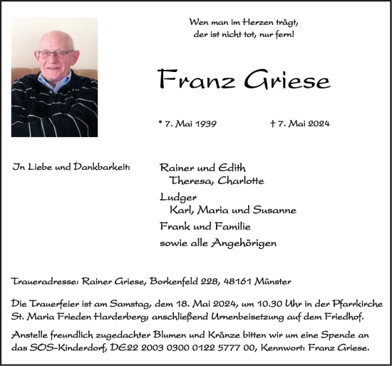 Traueranzeige von Franz Griese von Neue Osnabrücker Zeitung GmbH & Co. KG