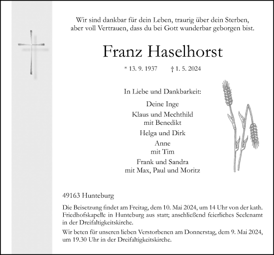 Traueranzeige von Franz Haselhorst von Neue Osnabrücker Zeitung GmbH & Co. KG
