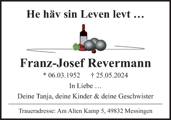 Traueranzeige von Franz-Josef Revermann von Neue Osnabrücker Zeitung GmbH & Co. KG