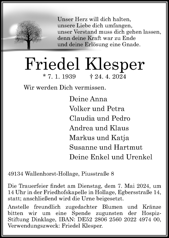 Traueranzeige von Friedel Klesper von Neue Osnabrücker Zeitung GmbH & Co. KG