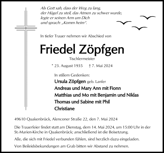 Traueranzeige von Friedel Zöpfgen von Neue Osnabrücker Zeitung GmbH & Co. KG