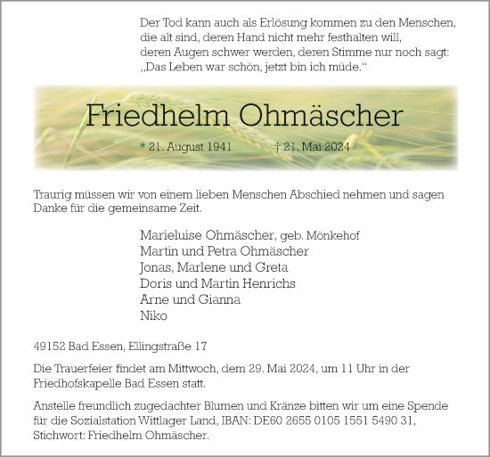 Traueranzeige von Friedhelm Ohmäscher von Neue Osnabrücker Zeitung GmbH & Co. KG