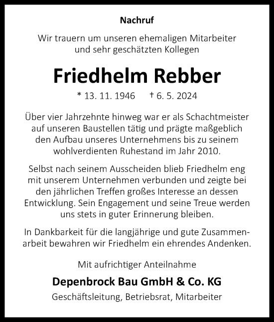 Traueranzeige von Friedhelm Rebber von Neue Osnabrücker Zeitung GmbH & Co. KG