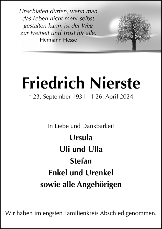 Traueranzeige von Friedrich Nierste von Neue Osnabrücker Zeitung GmbH & Co. KG