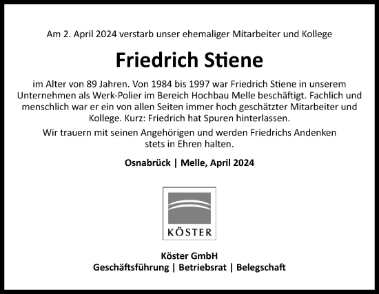 Traueranzeige von Friedrich Stiene von Neue Osnabrücker Zeitung GmbH & Co. KG