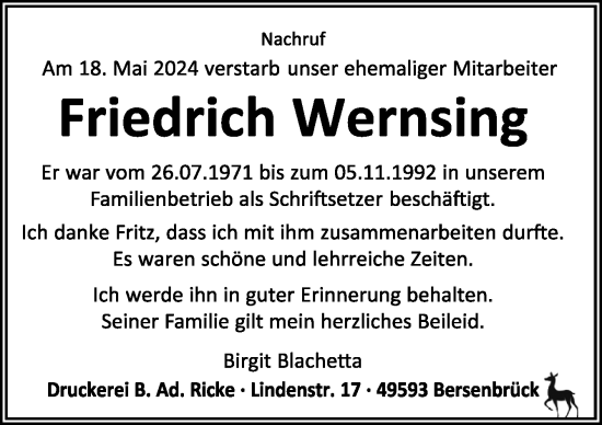 Traueranzeige von Friedrich Wernsing von Neue Osnabrücker Zeitung GmbH & Co. KG