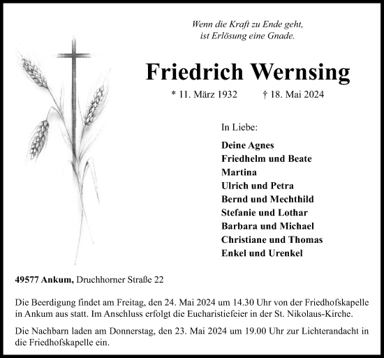 Traueranzeige von Friedrich Wernsing von Neue Osnabrücker Zeitung GmbH & Co. KG