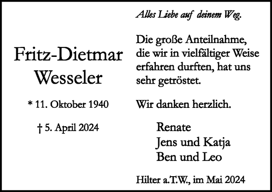 Traueranzeige von Fritz-Dietmar Wesseler von Neue Osnabrücker Zeitung GmbH & Co. KG