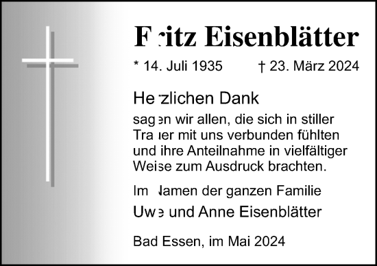 Traueranzeige von Fritz Eisenblätter von Neue Osnabrücker Zeitung GmbH & Co. KG