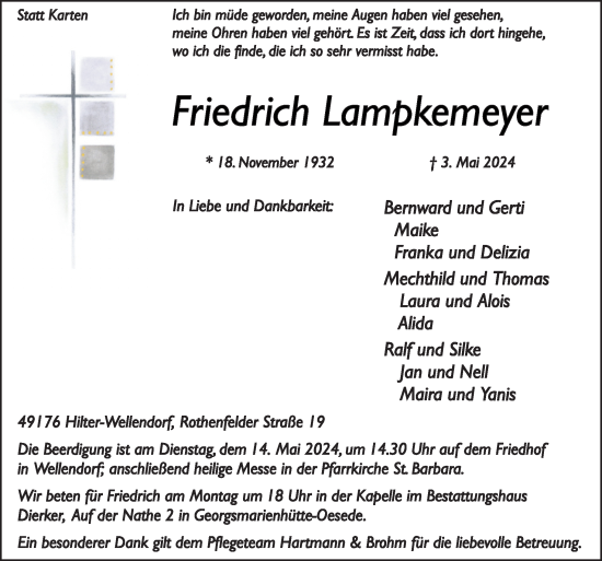 Traueranzeige von Frriedrich Lampkemeyer von Neue Osnabrücker Zeitung GmbH & Co. KG