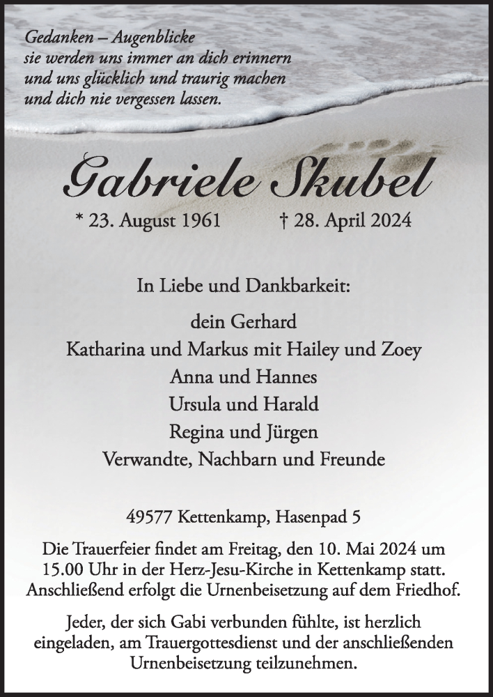  Traueranzeige für Gabriele Skubel vom 04.05.2024 aus Neue Osnabrücker Zeitung GmbH & Co. KG