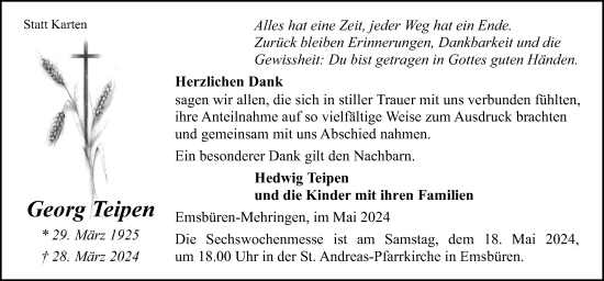 Traueranzeige von Georg Teipen von Neue Osnabrücker Zeitung GmbH & Co. KG