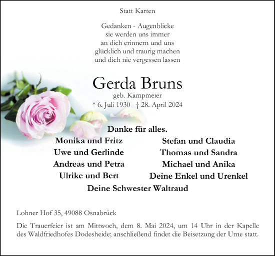 Traueranzeige von Gerda Bruns von Neue Osnabrücker Zeitung GmbH & Co. KG