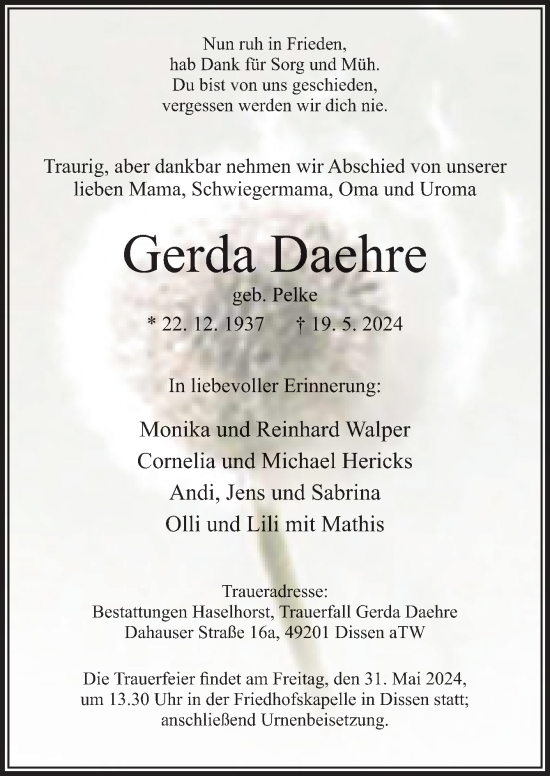 Traueranzeige von Gerda Daehre von Neue Osnabrücker Zeitung GmbH & Co. KG